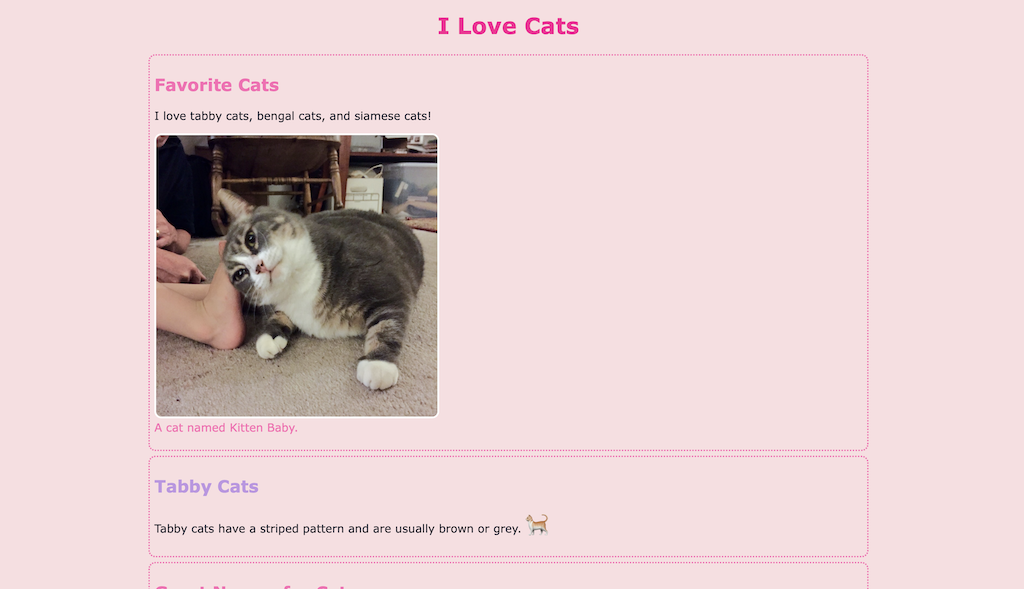 A screenshot of the example website. The title of the website is I Love Cats and it has a light pink background with hot pink text and a photo of a cat