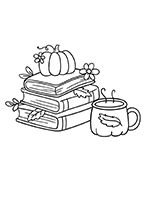 Fall book stack with leaves and a pumpkin on top next to a fall themed mug ebook wallpaper, art by CatandMeDigital